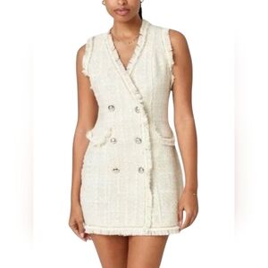 Trixxi Bouclé Tweed Vest Mini Dress Fringe Trim Double Breasted Ivory Sz M
